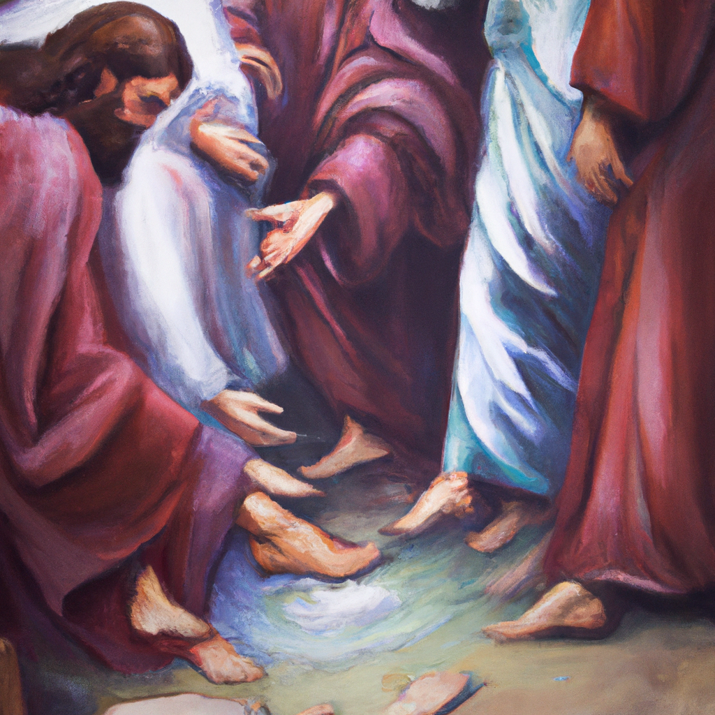 Image generated from Dall.e prompt 'An expressive oil painting of Jesus washing his disciples' feet symbolizes humility, friendship, and forgiveness.' in 6.5255360603333 seconds, which in turn was generated by the text-davinci-003 model from OpenAI