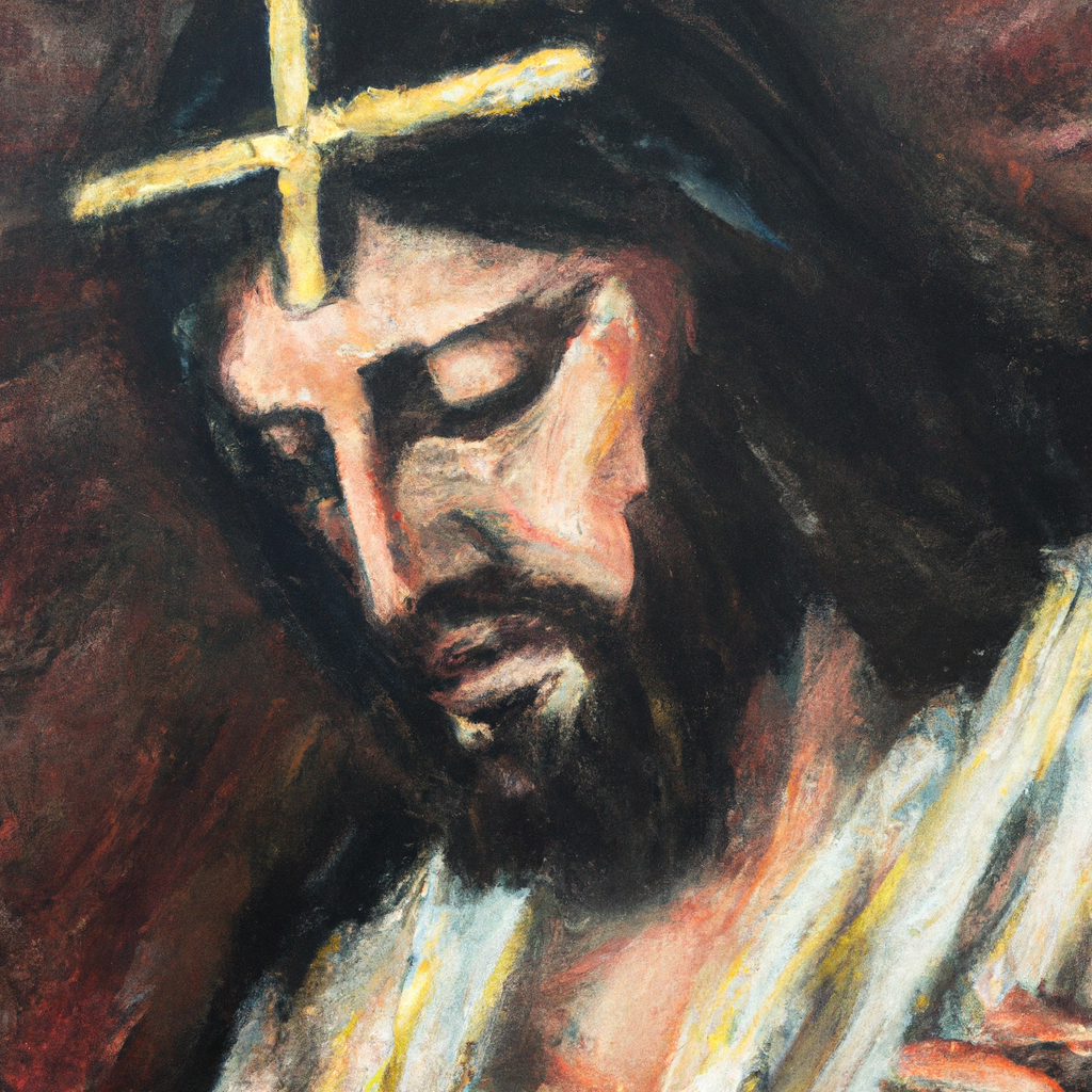 Image generated from Dall.e prompt 'An expressive oil painting of Jesus, suffering unjustly, carries heavy cross to die, yet remains silent and faithful.' in 6.4114692211151 seconds, which in turn was generated by the text-davinci-003 model from OpenAI