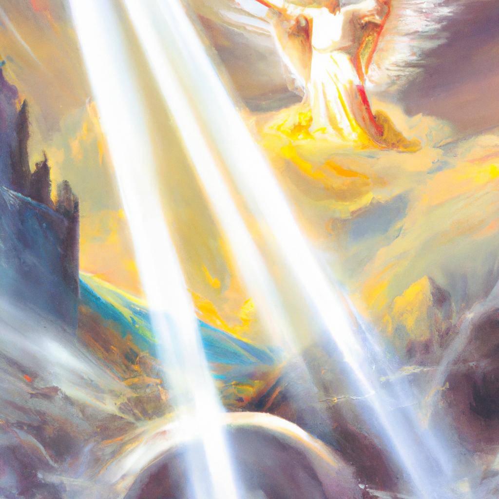 Image generated from Dall.e prompt 'An expressive oil painting of A powerful earthquake shook the monument - a ray of light beamed from an angel standing tall, announcing Jesus' glorious resurrection.' in 6.3595700263977 seconds, which in turn was generated by the text-davinci-003 model from OpenAI