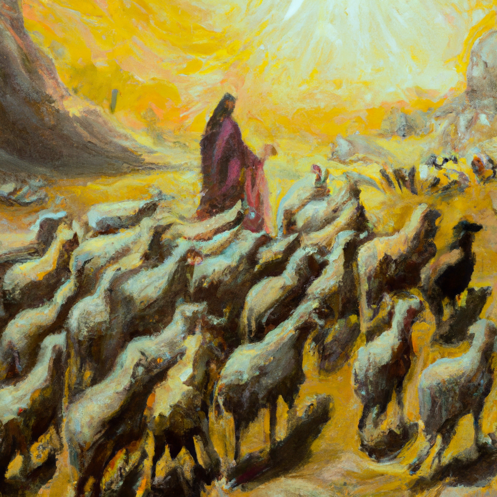 Image generated from Dall.e prompt 'An expressive oil painting of God leading his people home like a shepherd, with great love and tenderness, promising safety and comfort.' in 6.1533138751984 seconds, which in turn was generated by the text-davinci-003 model from OpenAI