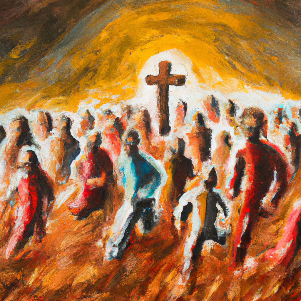 Image generated from Dall.e prompt 'An expressive oil painting of People running to Jesus, embracing Him and believing His incredible proof of resurrection.' in 6.4341239929199 seconds, which in turn was generated by the text-davinci-003 model from OpenAI