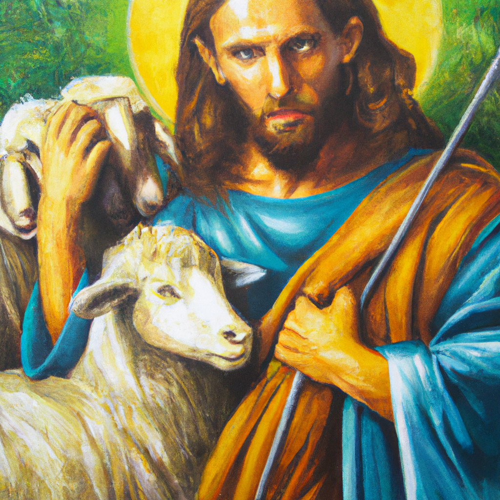 Image generated from Dall.e prompt 'An expressive oil painting of Jesus, the Good Shepherd, is portrayed as a caring leader watching and protecting his sheep from harm.' in 6.1860799789429 seconds, which in turn was generated by the text-davinci-003 model from OpenAI