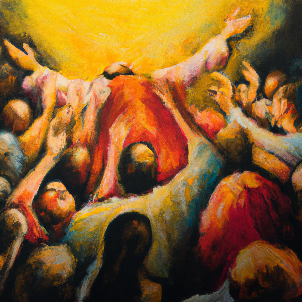 Image generated from Dall.e prompt 'An expressive oil painting of The crowd kneeled before Jesus, glorifying his radiant majesty as He ascended into heaven.' in 6.5435199737549 seconds, which in turn was generated by the text-davinci-003 model from OpenAI