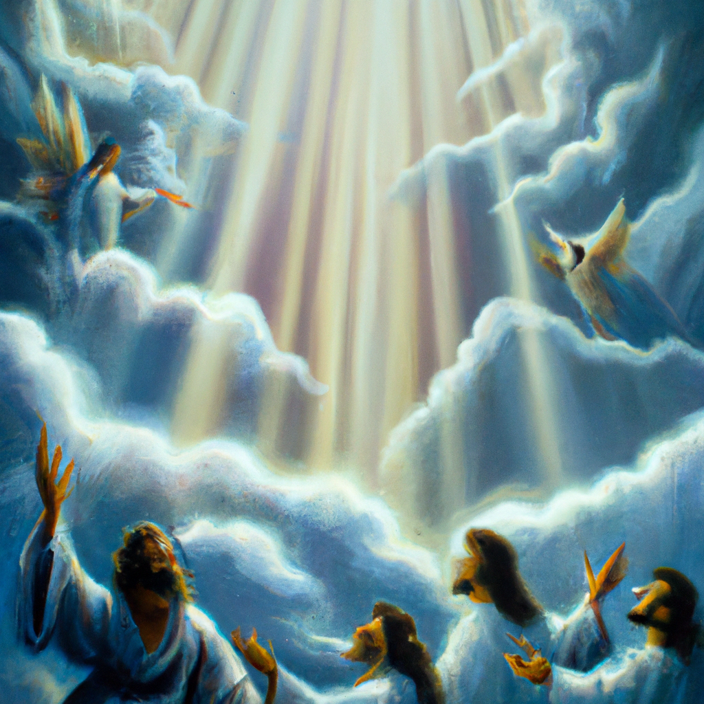 Image generated from Dall.e prompt 'An expressive oil painting of The disciples watch Jesus ascend to Heaven disappearing into the clouds with a brilliant glory of light.' in 6.4289429187775 seconds, which in turn was generated by the text-davinci-003 model from OpenAI