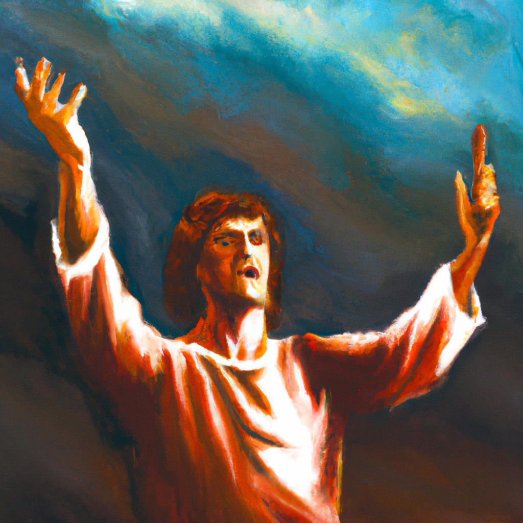 Image generated from Dall.e prompt 'An expressive oil painting of Stephen standing, eyes blazing in the uproar; martyr, pointing to the heavens, to eternity.' in 6.9777390956879 seconds, which in turn was generated by the text-davinci-003 model from OpenAI