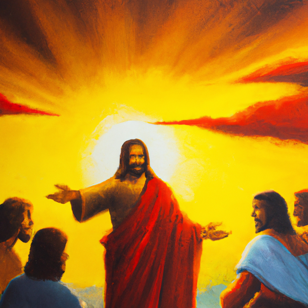 Image generated from Dall.e prompt 'An expressive oil painting of Jesus appears to the disciples as a beautiful sunrise, calling them to accept his peace and follow Him.' in 6.1979389190674 seconds, which in turn was generated by the text-davinci-003 model from OpenAI