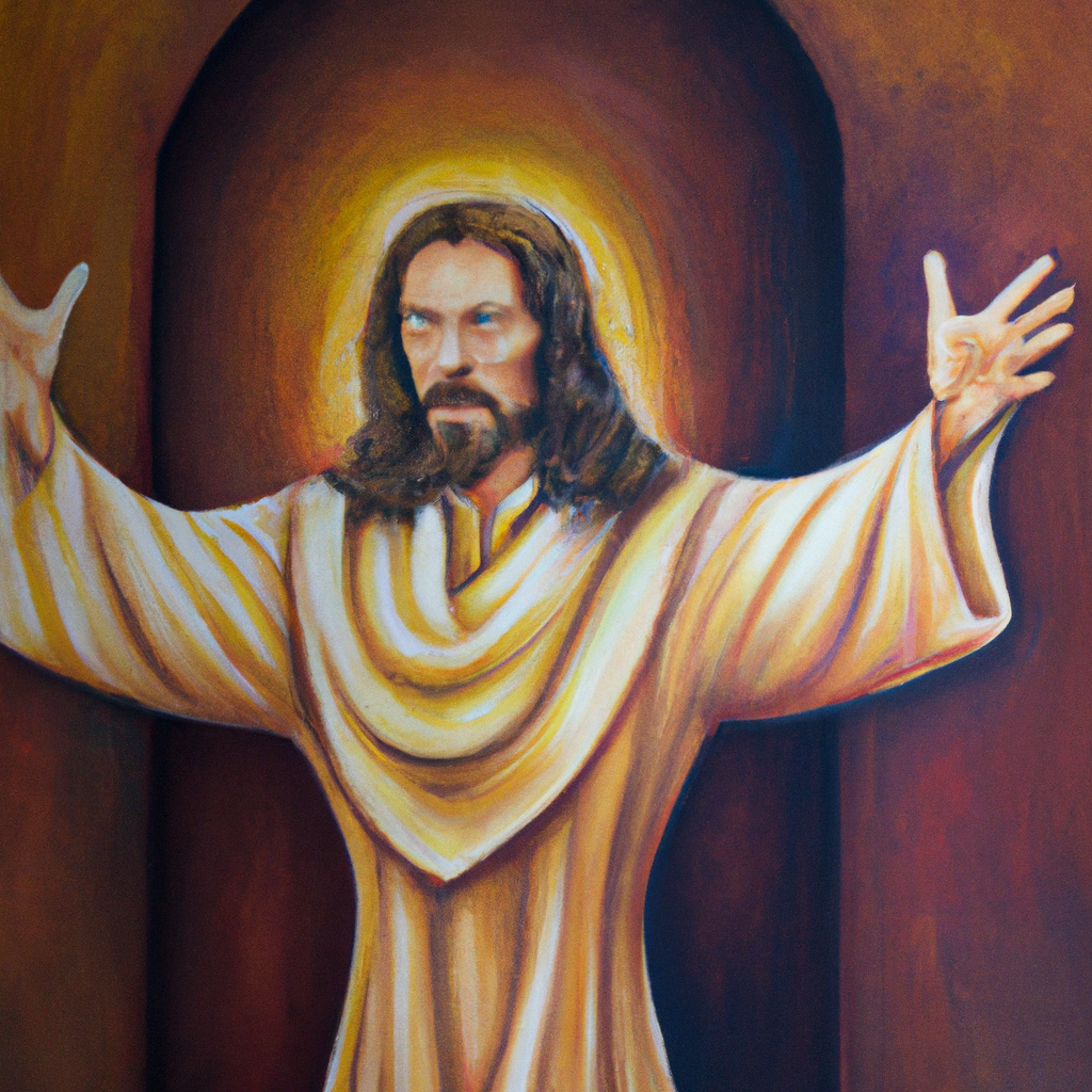 Image generated from Dall.e prompt 'An expressive oil painting of Jesus, a warm comforting figure, stands at their door with open arms inviting them into his loving embrace.' in 6.437066078186 seconds, which in turn was generated by the text-davinci-003 model from OpenAI