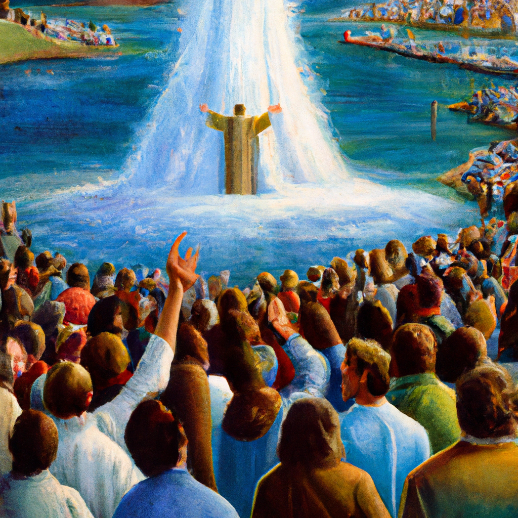 Image generated from Dall.e prompt 'An expressive oil painting of A giant water fountain bursts high, people cheer, Jesus says, 