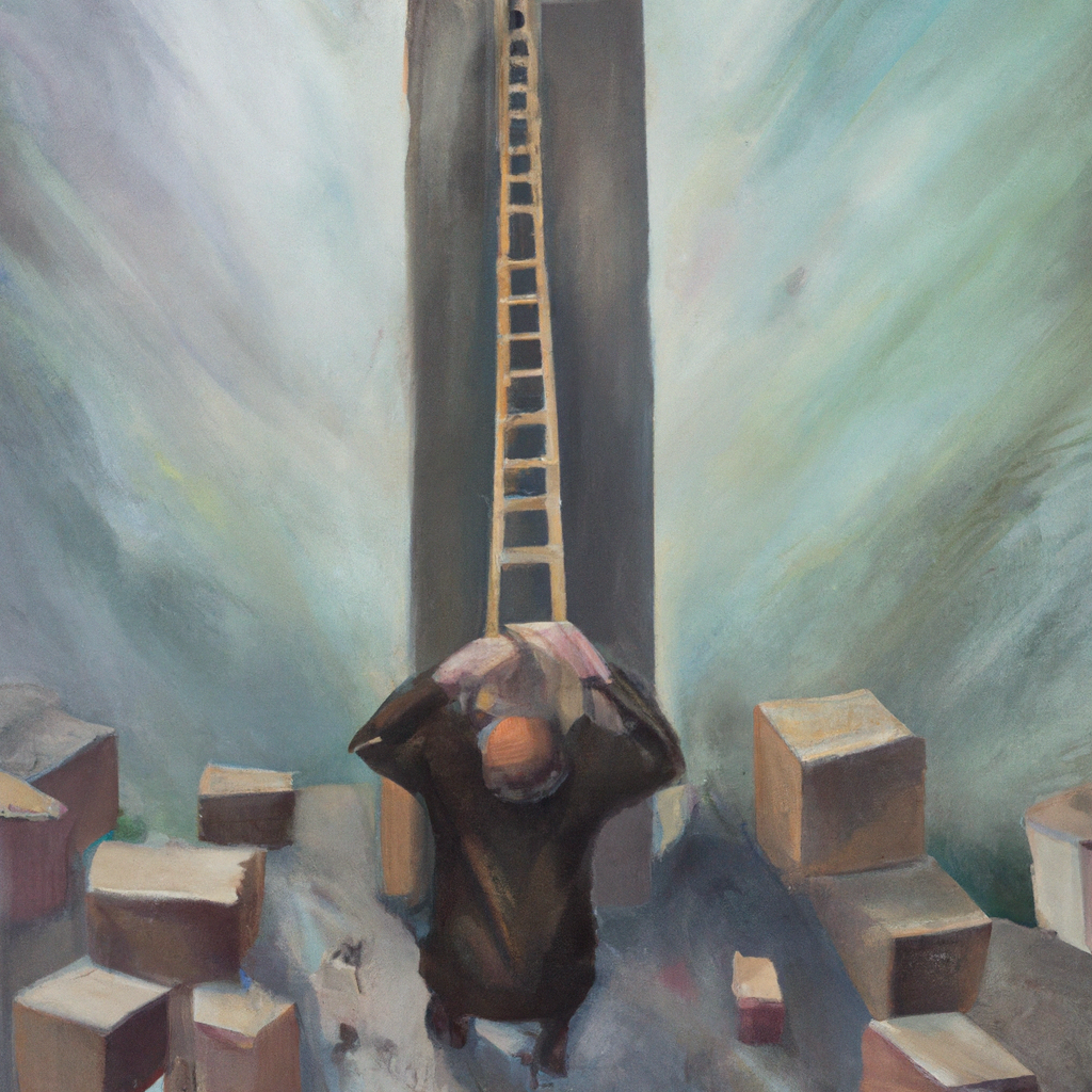 Image generated from Dall.e prompt 'An expressive oil painting of A man building a tower without enough resources, ending in sadness and humbling failure.' in 6.4490988254547 seconds, which in turn was generated by the text-davinci-003 model from OpenAI