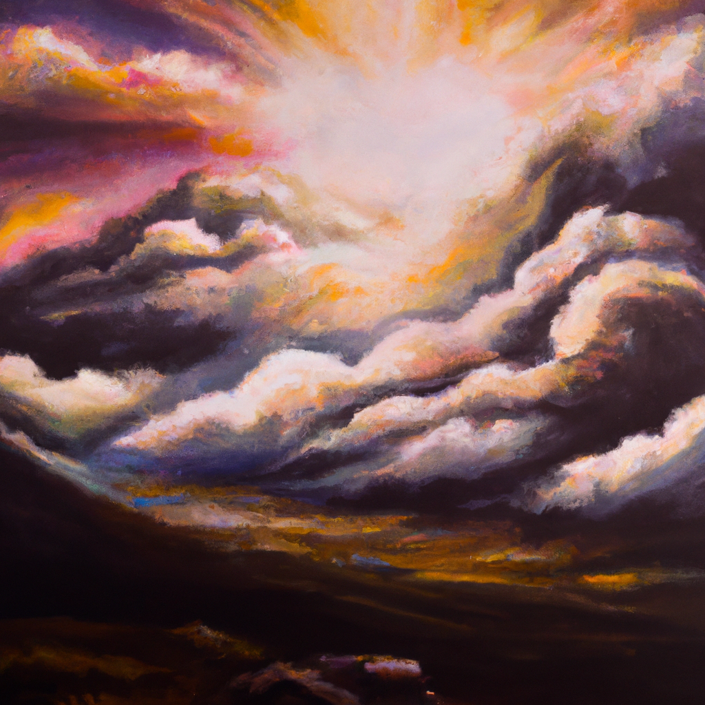 Image generated from Dall.e prompt 'An expressive oil painting of A great cloud of hope; desolate valleys renewed, with the Lord filled with power, and an everlasting love awaiting us.' in 6.8943738937378 seconds, which in turn was generated by the text-davinci-003 model from OpenAI