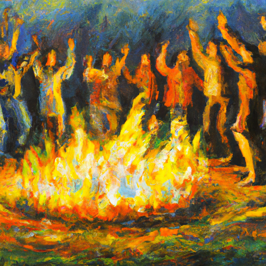 Image generated from Dall.e prompt 'An expressive oil painting of Joyful worshippers dancing around a roaring bonfire, singing and shouting praises to God.' in 6.0547640323639 seconds, which in turn was generated by the text-davinci-003 model from OpenAI