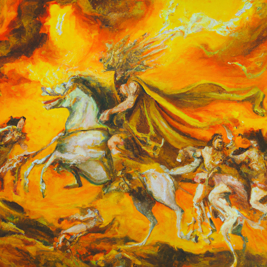 Image generated from Dall.e prompt 'An expressive oil painting of The Lord rides through the battlefield on a chariot, scattering enemies like dust, and rescuing the oppressed with a great display of power.' in 6.5098009109497 seconds, which in turn was generated by the text-davinci-003 model from OpenAI