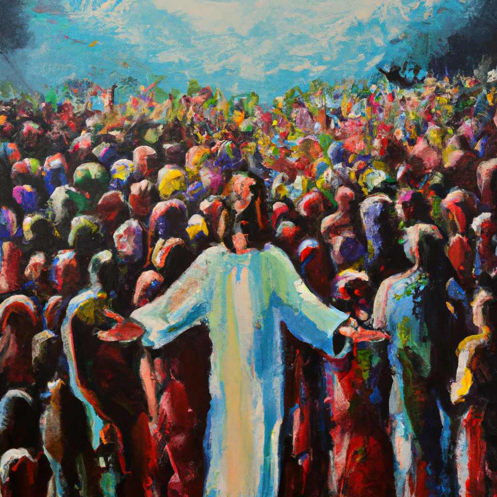 Image generated from Dall.e prompt 'An expressive oil painting of Jesus stands in the crowd, open arms and heart inviting, people mingle, searching for truth.' in 8.6396000385284 seconds, which in turn was generated by the text-davinci-003 model from OpenAI