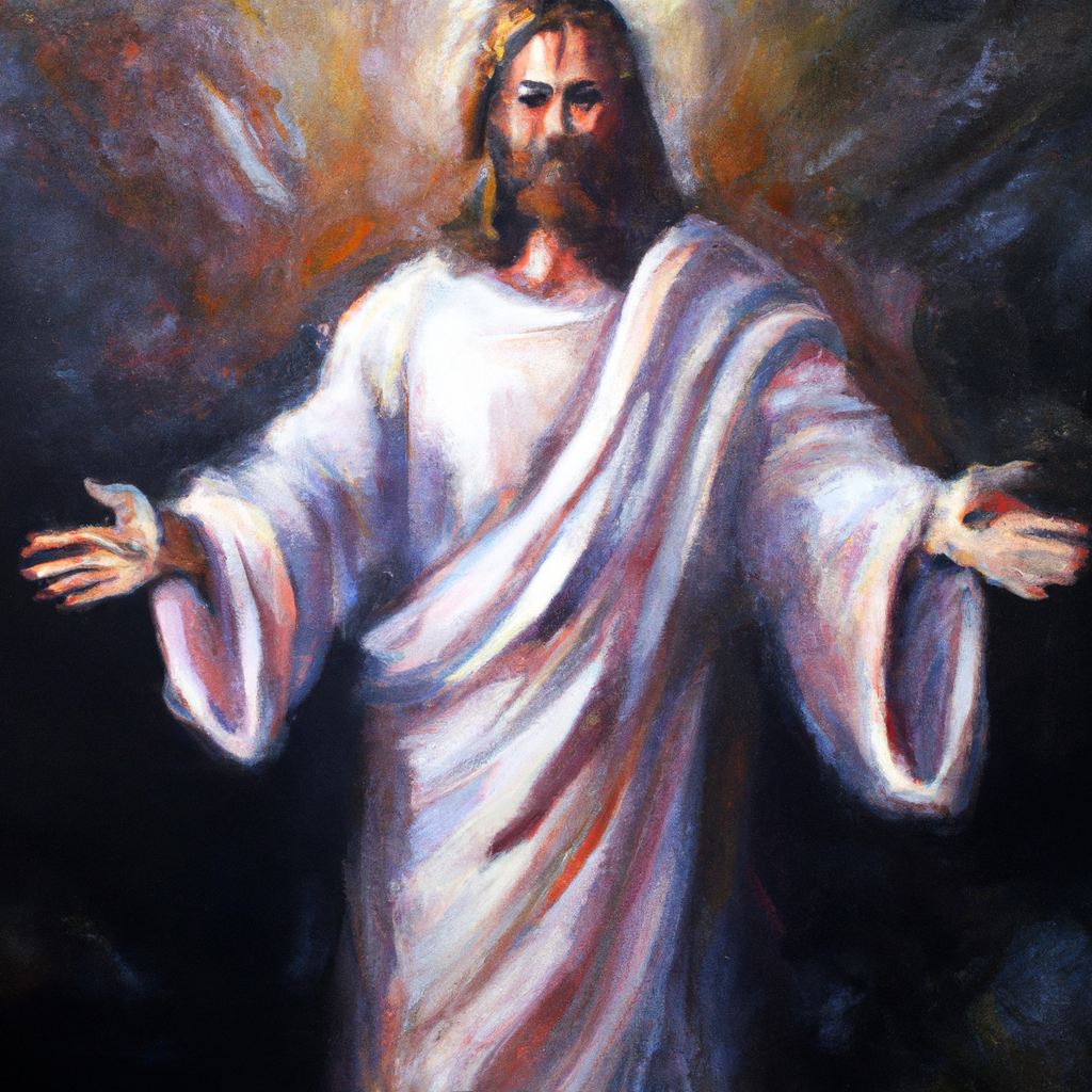 Image generated from Dall.e prompt 'An expressive oil painting of Jesus stands, holding out arms in Father-like embrace; a reminder of love, security, and guidance.' in 8.1081459522247 seconds, which in turn was generated by the text-davinci-003 model from OpenAI