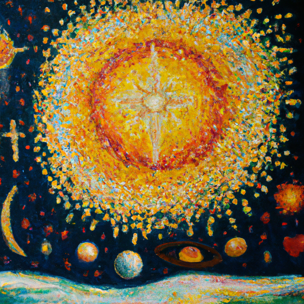 Image generated from Dall.e prompt 'An expressive oil painting of A beautiful tapestry - God's love, goodness and faithfulness displayed in stars, sun and moon.' in 7.8092749118805 seconds, which in turn was generated by the text-davinci-003 model from OpenAI