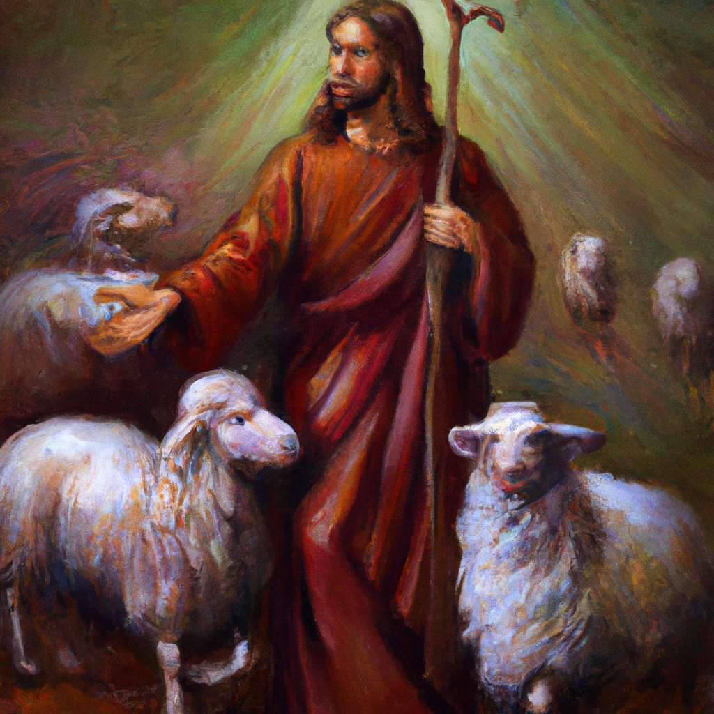 Image generated from Dall.e prompt 'An expressive oil painting of Jesus is the Good Shepherd who leads his sheep with a staff, provides knowledge and protection from harm.' in 8.0693891048431 seconds, which in turn was generated by the text-davinci-003 model from OpenAI