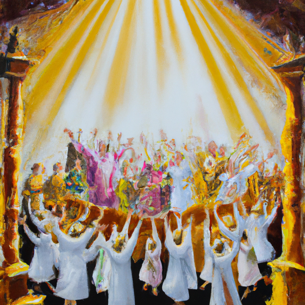 Image generated from Dall.e prompt 'An expressive oil painting of People of Israel, filled with joy, crafted the Tabernacle, praising God and celebrating their devotion.' in 8.4254379272461 seconds, which in turn was generated by the text-davinci-003 model from OpenAI