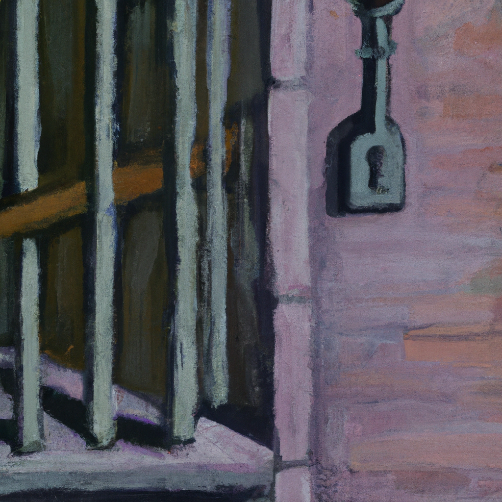 Image generated from Dall.e prompt 'An expressive oil painting of A prison cell locked up tight; freedom on the other side, but the key still out of reach.' in 13.286911010742 seconds, which in turn was generated by the text-davinci-003 model from OpenAI