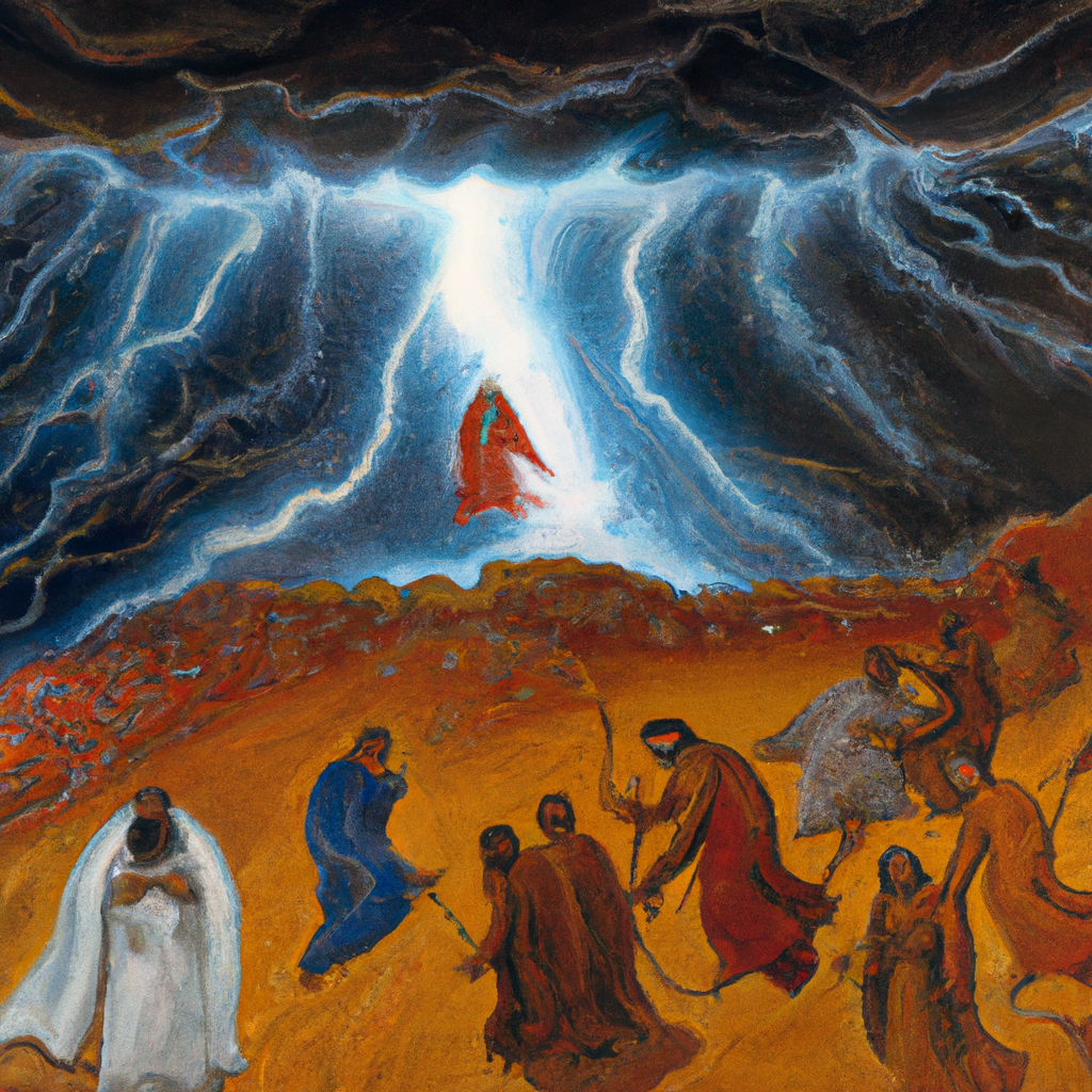 Image generated from Dall.e prompt 'An expressive oil painting of Moses and Israelites gather, God descended like a fire, clouds, thunder, and trumpet sound, an awe-inspiring sight.' in 7.9360861778259 seconds, which in turn was generated by the text-davinci-003 model from OpenAI