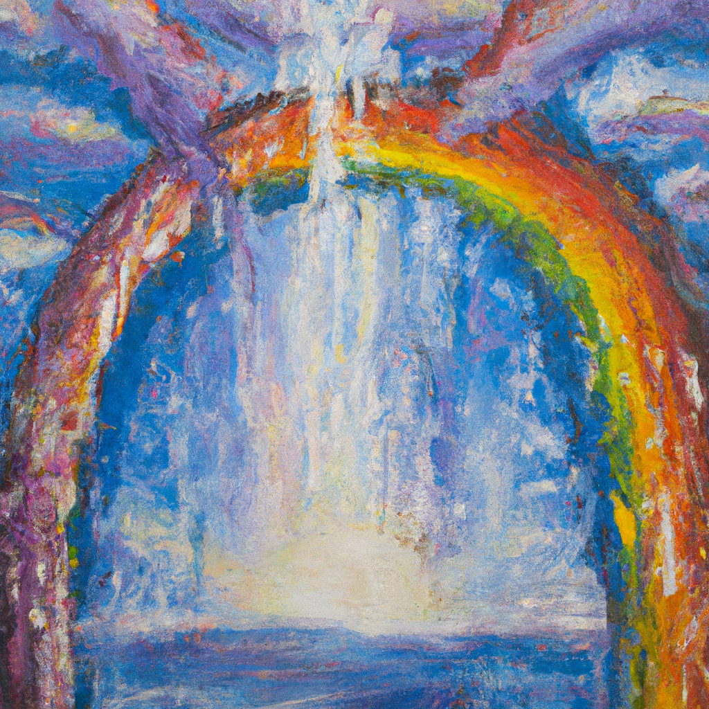 Image generated from Dall.e prompt 'An expressive oil painting of A rainbow of hope appears after the dark rain of sin, Romans 5:1-8.' in 7.9270877838135 seconds, which in turn was generated by the text-davinci-003 model from OpenAI