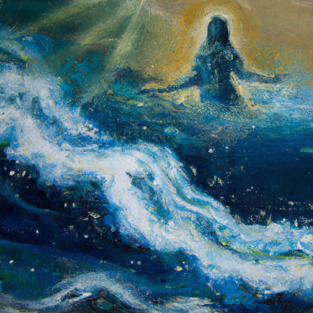 Image generated from Dall.e prompt 'An expressive oil painting of A spiritual journey: sinking beneath the waves, being reborn, cleansed in a crisp, holy salvation.' in 8.0721771717072 seconds, which in turn was generated by the text-davinci-003 model from OpenAI