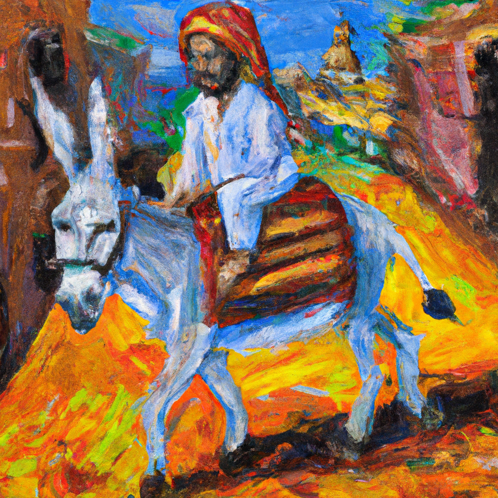 Image generated from Dall.e prompt 'An expressive oil painting of  or lessA righteous king rides into town on a donkey, bringing peace and joy to all people.' in 8.4019751548767 seconds, which in turn was generated by the text-davinci-003 model from OpenAI