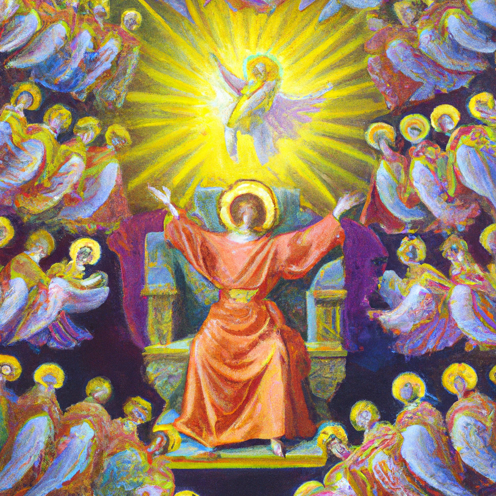 Image generated from Dall.e prompt 'An expressive oil painting of God sitting high above His throne, brilliant, surrounded by seraphs in a brilliant light, singing praises.' in 8.3904430866241 seconds, which in turn was generated by the text-davinci-003 model from OpenAI