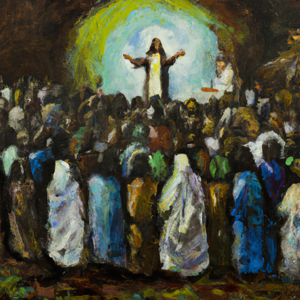 Image generated from Dall.e prompt 'An expressive oil painting of A crowd gathers around Jesus, eagerly listening in rapt attention as He describes the kingdom of heaven like treasures hidden in a field and a pearl of great value.' in 8.0354959964752 seconds, which in turn was generated by the text-davinci-003 model from OpenAI