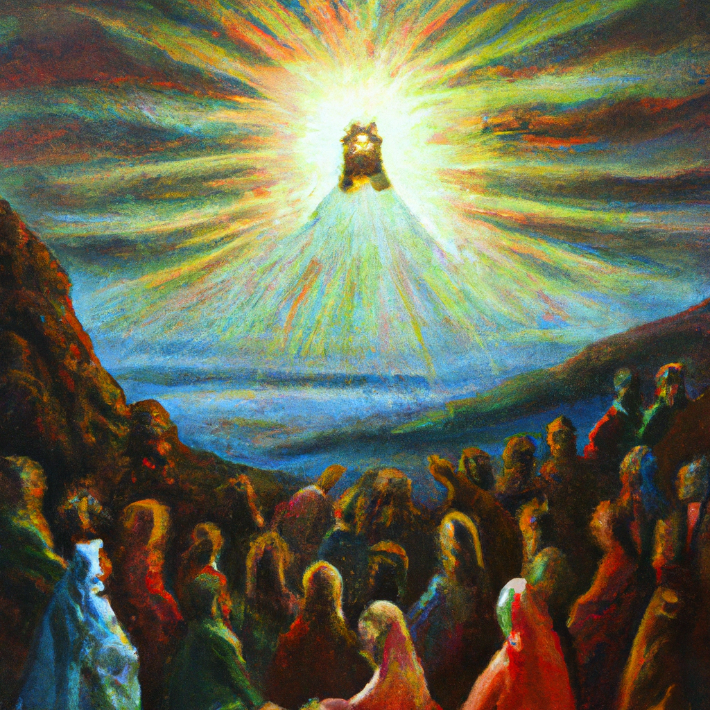 Image generated from Dall.e prompt 'An expressive oil painting of Jesus shines brightly atop a mountain, transformed and surrounded by Elijah, Moses, and his disciples.'