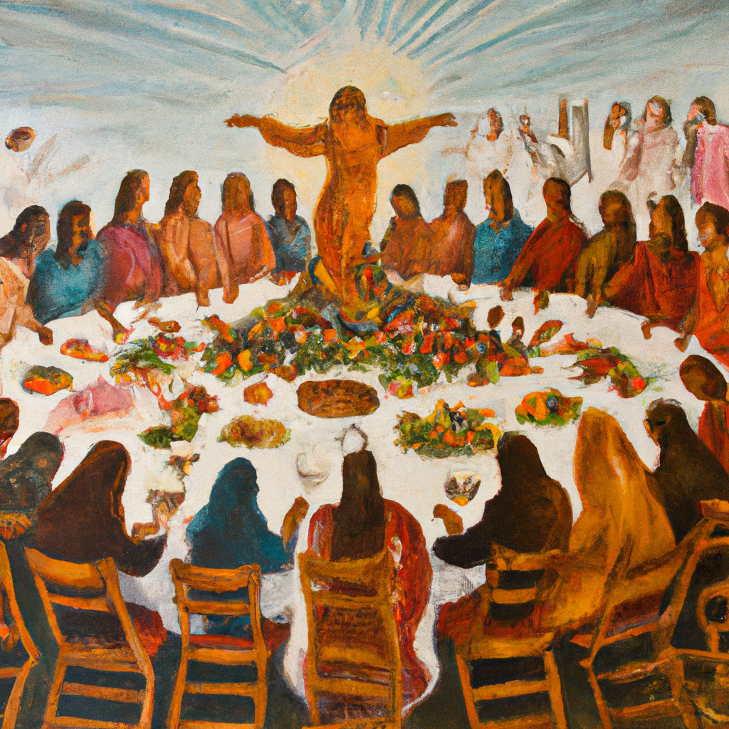 Image generated from Dall.e prompt 'An expressive oil painting of The banquet table is set; Jesus stands, inviting many for a feast of love, togetherness and unity.' in 8.1629500389099 seconds, which in turn was generated by the text-davinci-003 model from OpenAI