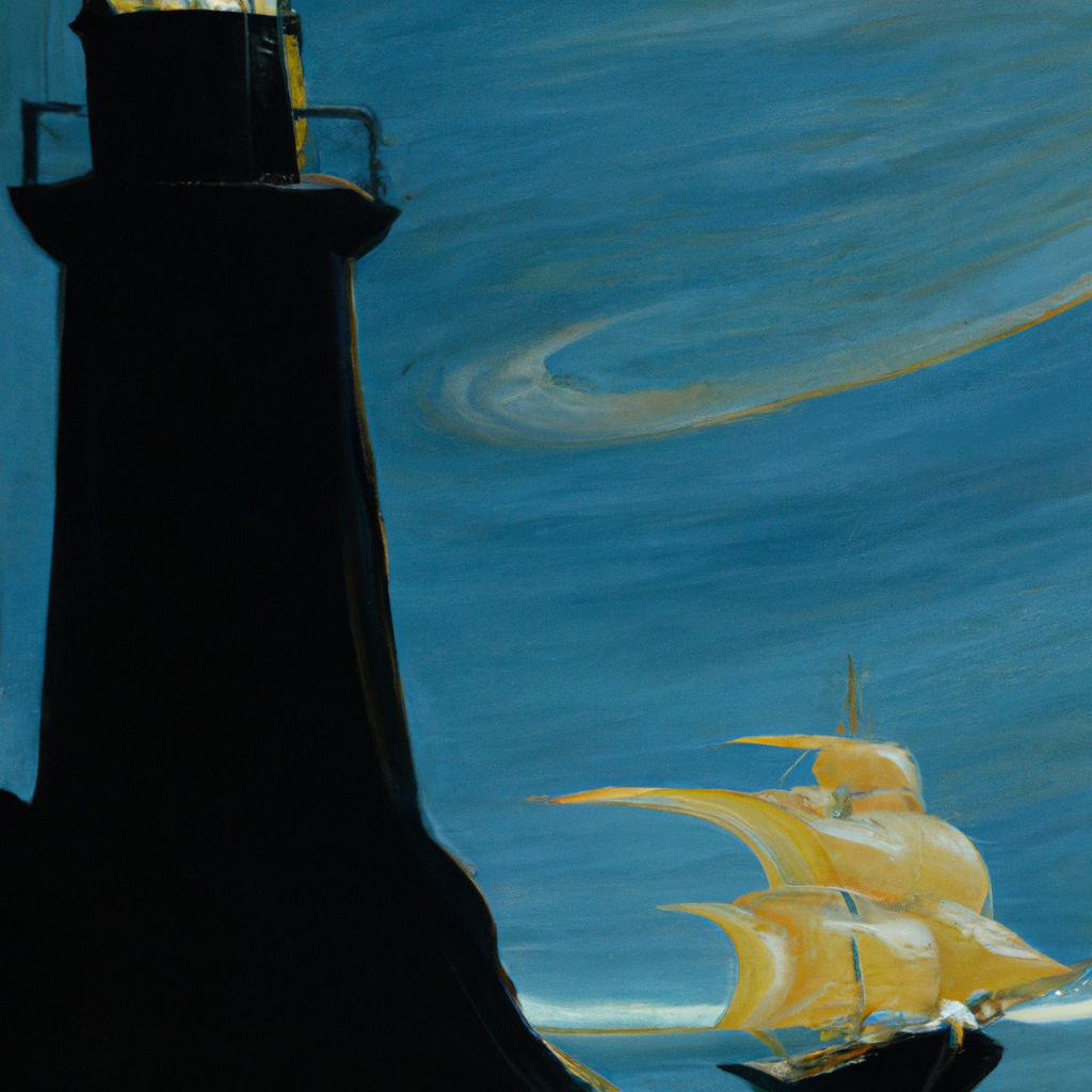 Image generated from Dall.e prompt 'An expressive oil painting of A ship sailing towards the horizon, confidently guided by a mighty lighthouse in the dark sea.' in 8.41938996315 seconds, which in turn was generated by the text-davinci-003 model from OpenAI