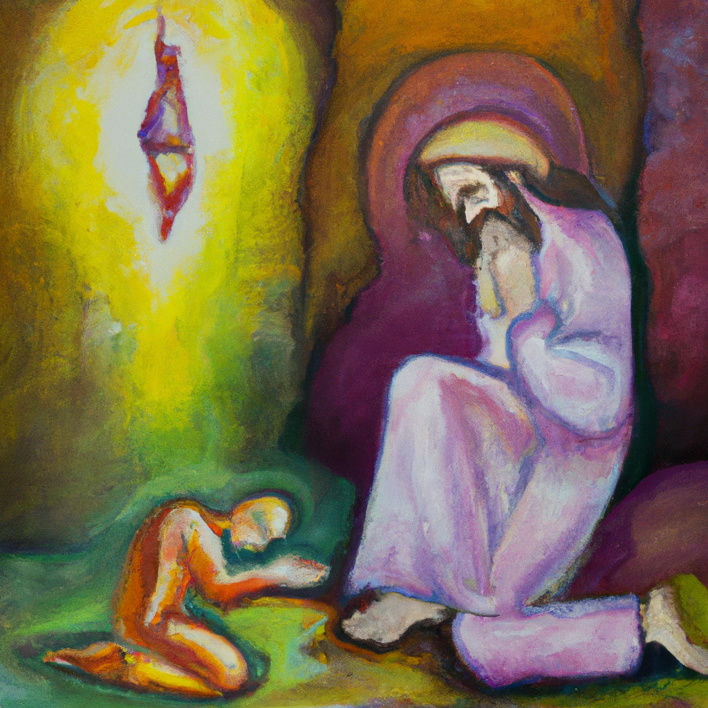 Image generated by AI from Dall.e prompt 'An expressive oil painting of  or lessSolomon kneels before God in prayer, his wisdom revealed as a divine gift.'