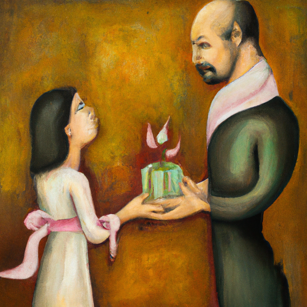 Image generated by AI from Dall.e prompt 'An expressive oil painting of A strict but loving parent holding out a precious gift and guiding wise decisions.'