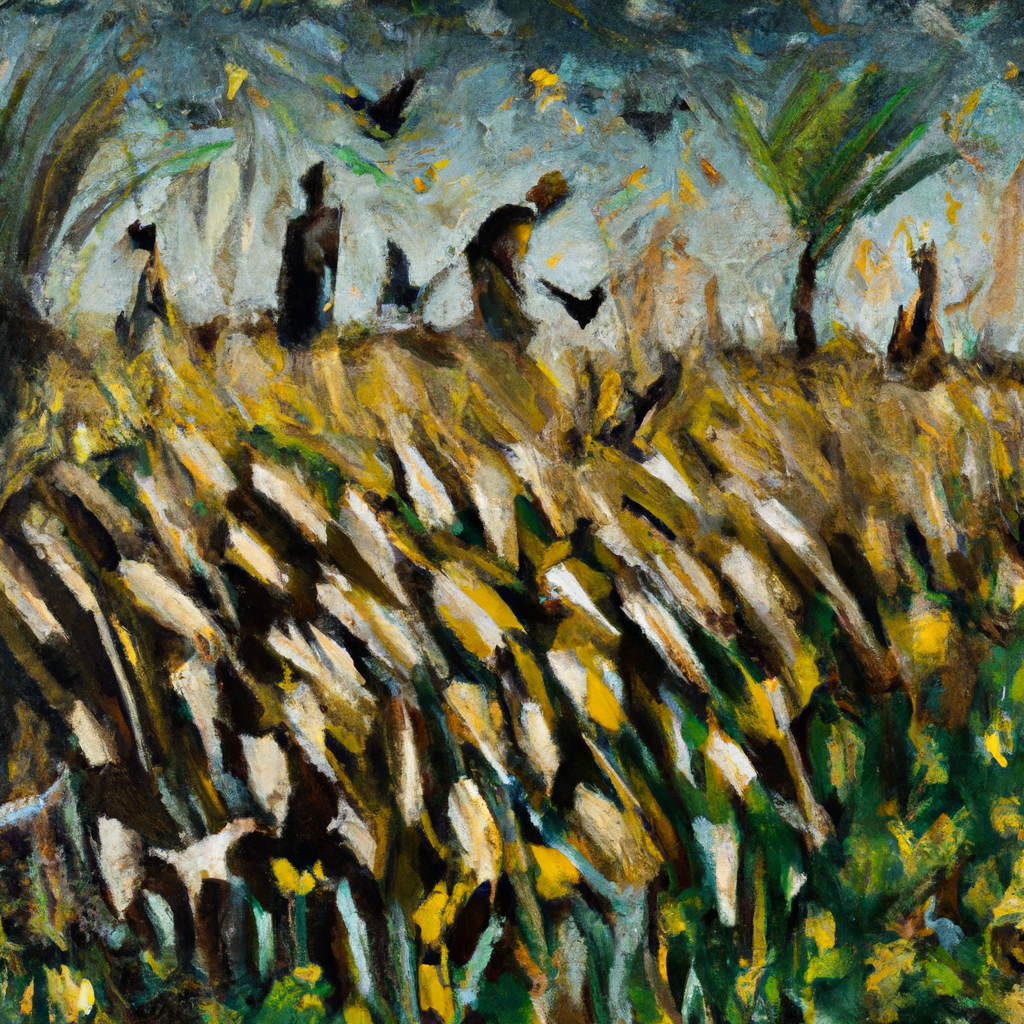 Image generated from Dall.e prompt 'An expressive oil painting of Farmers scattering their seed, birds devouring it, weeds sprouting around them, wheat growing tall and sturdy.' in 8.1272869110107 seconds, which in turn was generated by the text-davinci-003 model from OpenAI