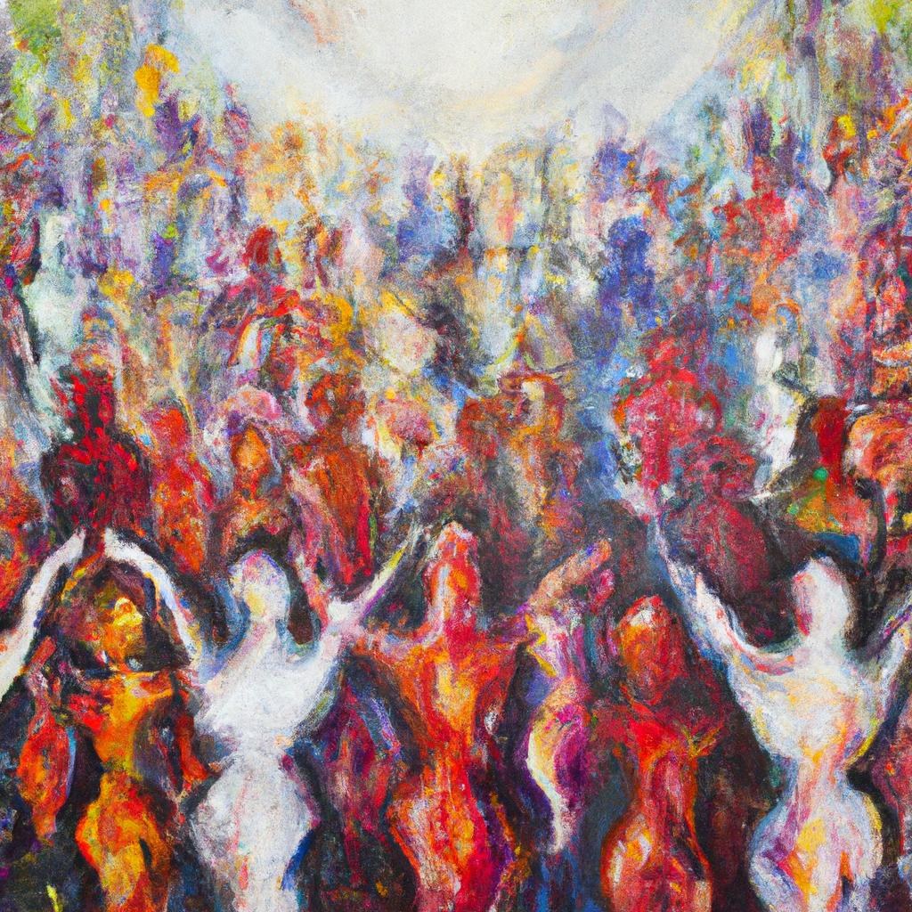 Image generated from Dall.e prompt 'An expressive oil painting of An army of unseen help, like a cheering crowd, encircle us with strength and love.'