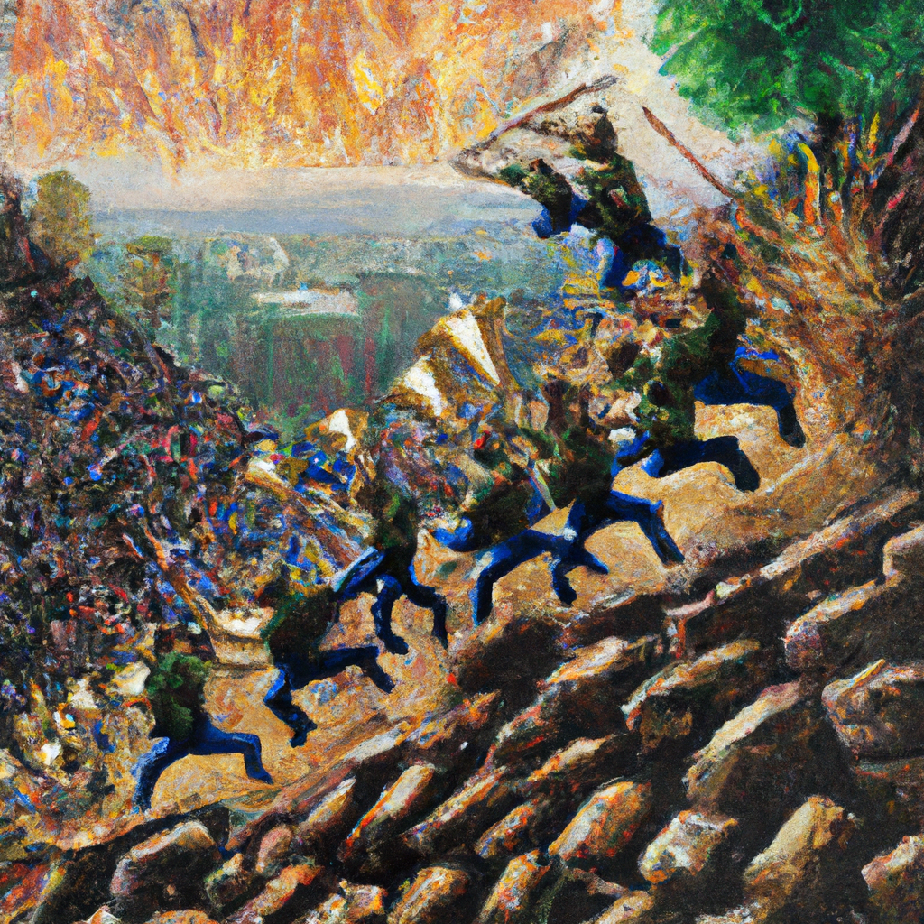 Image generated from Dall.e prompt 'An expressive oil painting of Joshua's army charging, climbing walls, trumpets blasting, enemy fleeing, victory!' in 7.9879148006439 seconds, which in turn was generated by the text-davinci-003 model from OpenAI