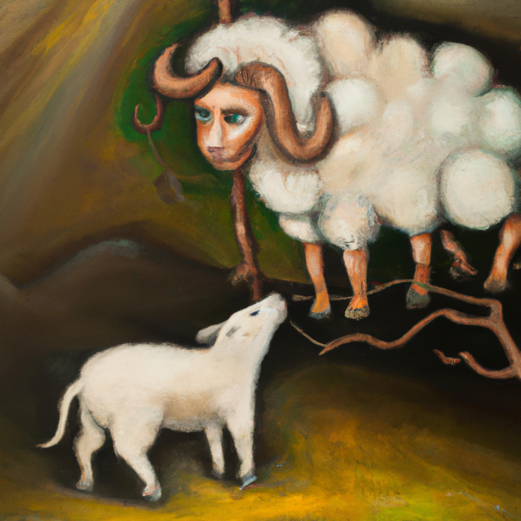 Image generated by AI from Dall.e prompt 'An expressive oil painting of A terrifying figure versus a majestic Lamb, uprooting kingdoms and taking authority, given rule of all the world.'