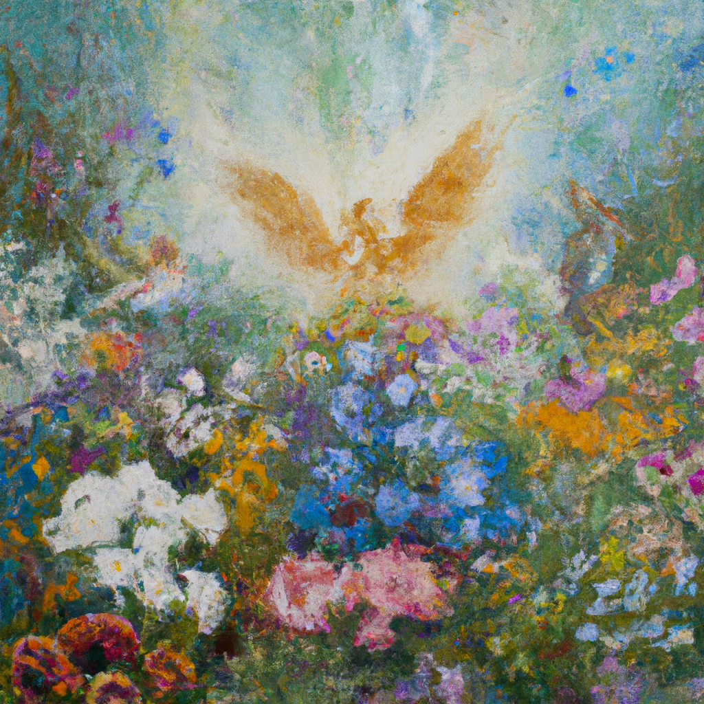 Image generated from Dall.e prompt 'An expressive oil painting of A huge field of flowers and joy, hosts of angels harvesting, the pearl of great worth found in a hidden treasure.'