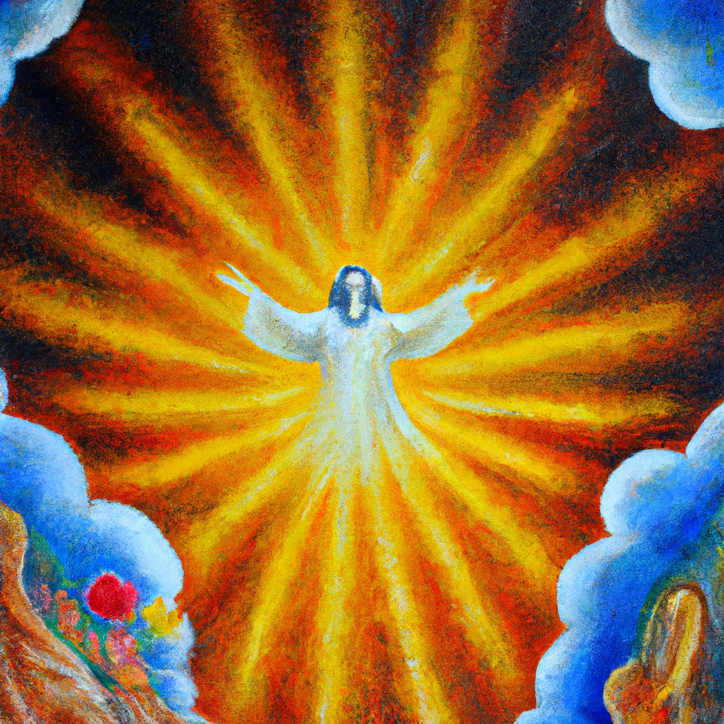 Image generated by AI from Dall.e prompt 'An expressive oil painting of Pleas to God, sound of joyous worship, clouds a bright divine glory, rays of divine saving.'