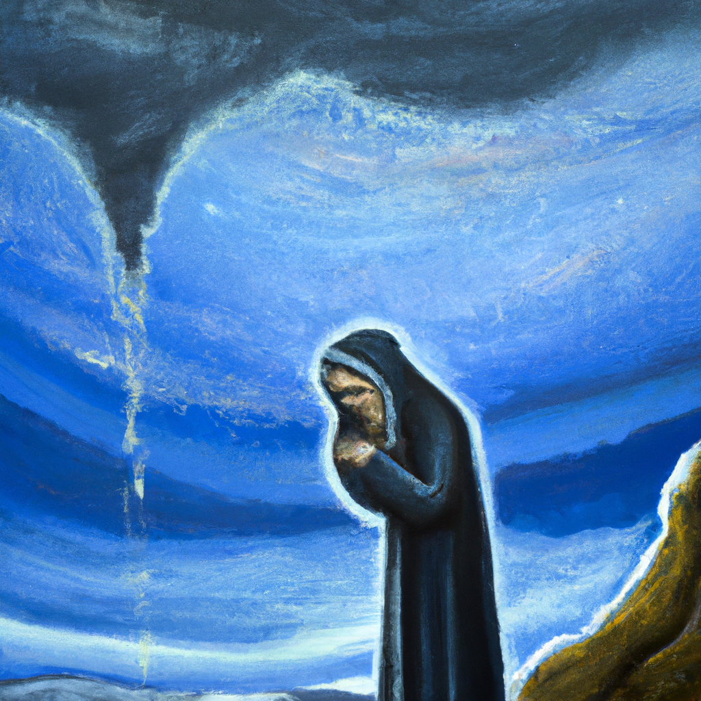 Image generated by AI from Dall.e prompt 'An expressive oil painting of Jeremiah's deep tears  caused by God's anguish, resonate through the desolate land.'