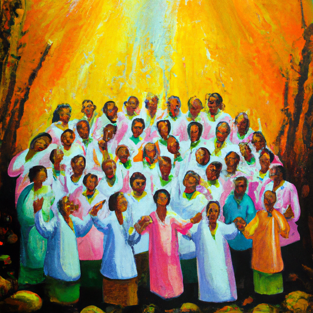 Image generated by AI from Dall.e prompt 'An expressive oil painting of The faithful flock united in song, a joyful celebration of God's protection and love.'