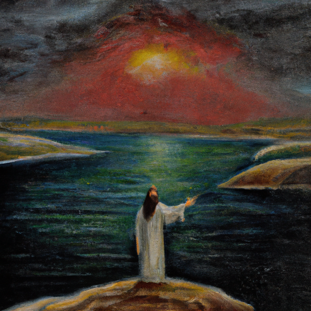 Image generated from Dall.e prompt 'An expressive oil painting of Jesus standing atop a hill revealing Himself as the Messiah, light radiating from Him and Sea of Galilee below.'