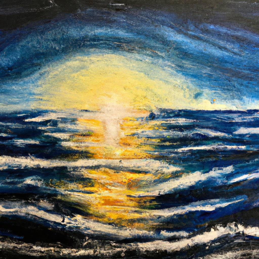 Image generated from Dall.e prompt 'An expressive oil painting of The sun glitters off the waves as they crest, reflecting God's righteousness and love.'