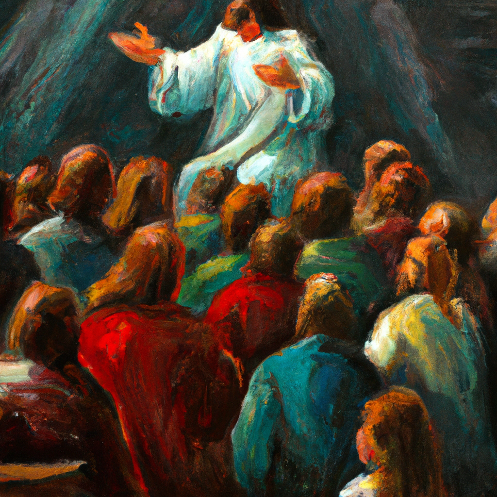 Image generated by AI from Dall.e prompt 'An expressive oil painting of Jesus scolds the crowd for their shallow faith, teaching them that spiritual food comes from within.'