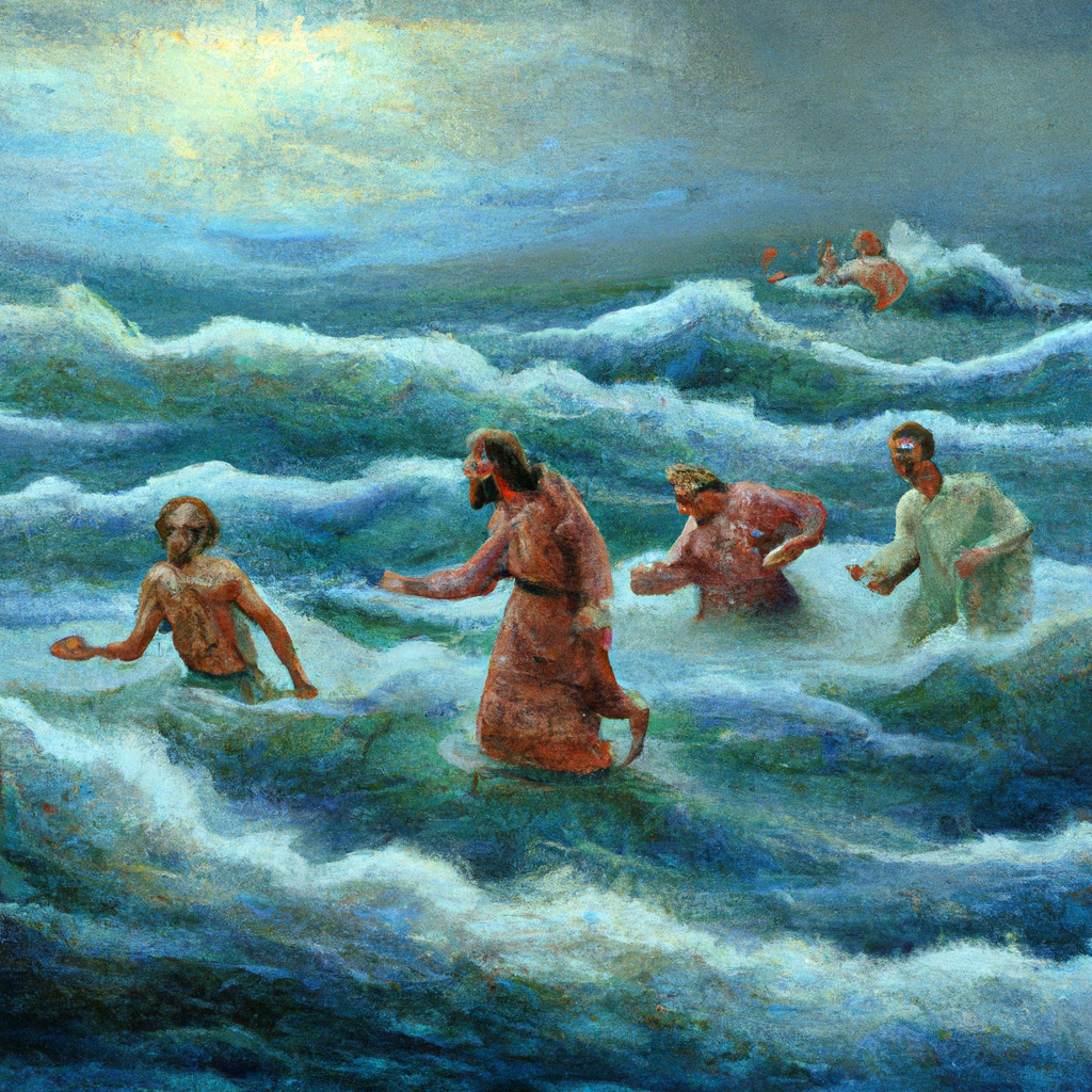 Image generated from Dall.e prompt 'An expressive oil painting of Jesus walks on water toward frightened disciples in a raging sea.'