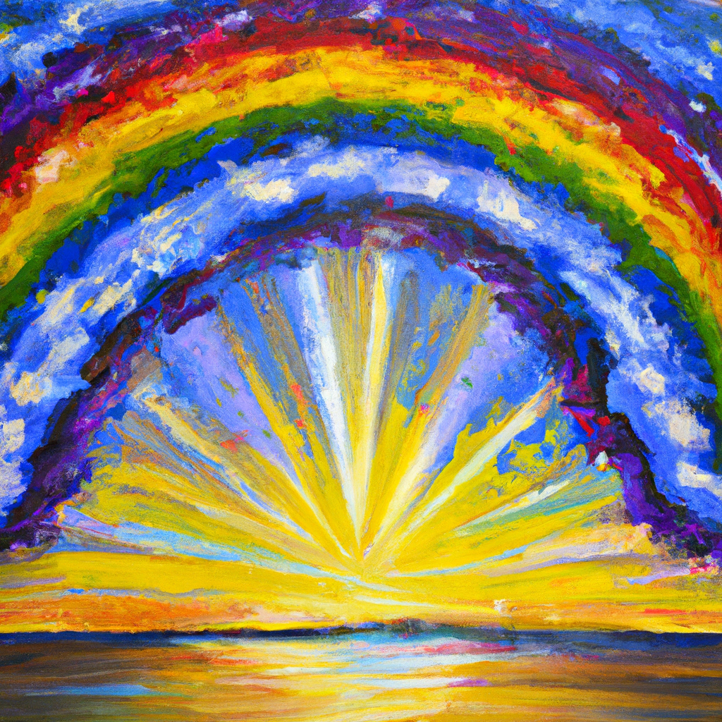 Image generated from Dall.e prompt 'An expressive oil painting of God's loving kindness fills the sky with a rainbow of radiant joy.'