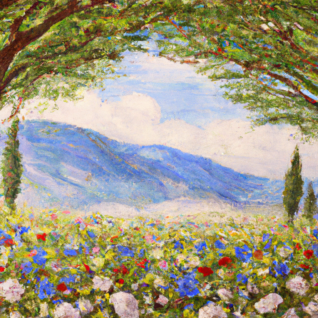 Image generated from Dall.e prompt 'An expressive oil painting of  Psalm 85: Beautiful meadows, blooming with love and peace, where all of God’s creatures are in harmony.'