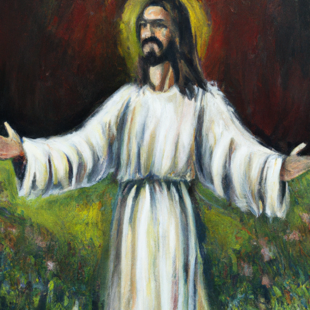 Image generated from Dall.e prompt 'An expressive oil painting of Jesus stands in a meadow, hands outstretched, embracing all despite disagreements: a reminder of His grace.'