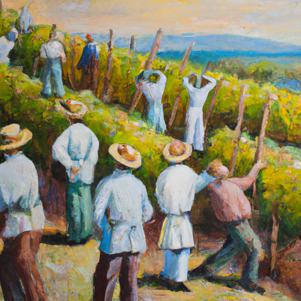 Image generated from Dall.e prompt 'An expressive oil painting of Workers laboring in a vineyard, all receiving equal pay no matter when they arrived.'