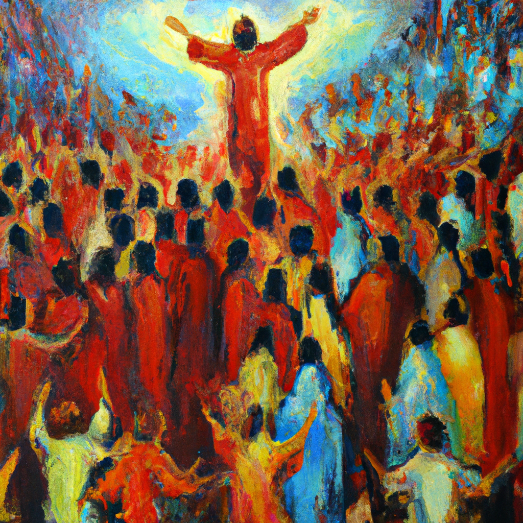 Image generated from Dall.e prompt 'An expressive oil painting of A large crowd gathers around Jesus, praising him for his teachings and miracles--His glory radiates.'